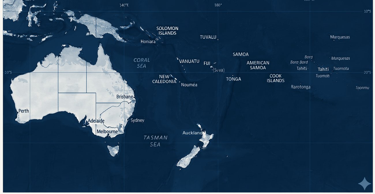 Map of New Zealand, Australia, and the South Pacific, the region Tasman Maritime Consulting operates in